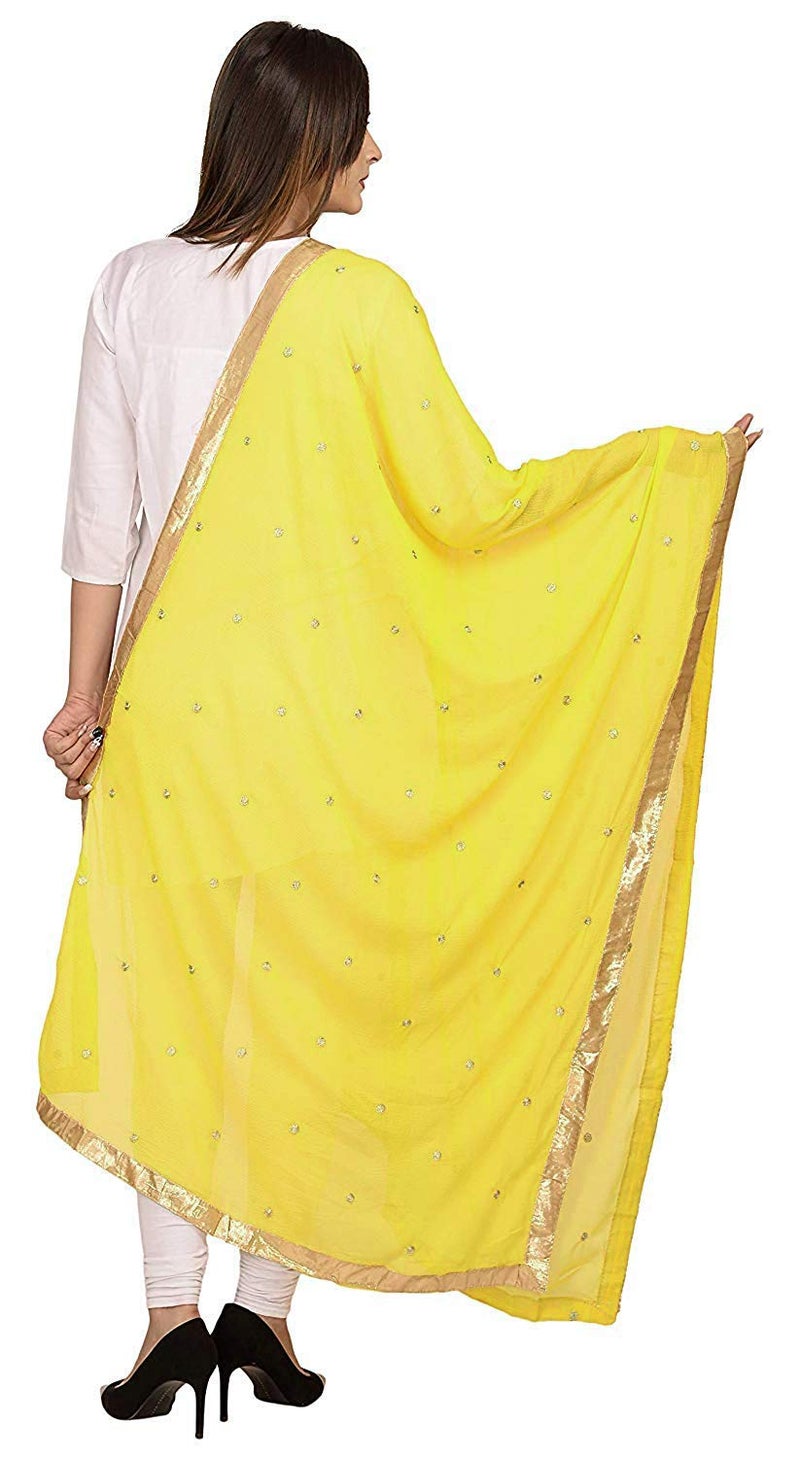 themilestocks Woman's Embroidered Chiffon Dupatta Scarf Shawl Wrap Soft Indian Bridal Wedding (Bright Yellow) - Image 2